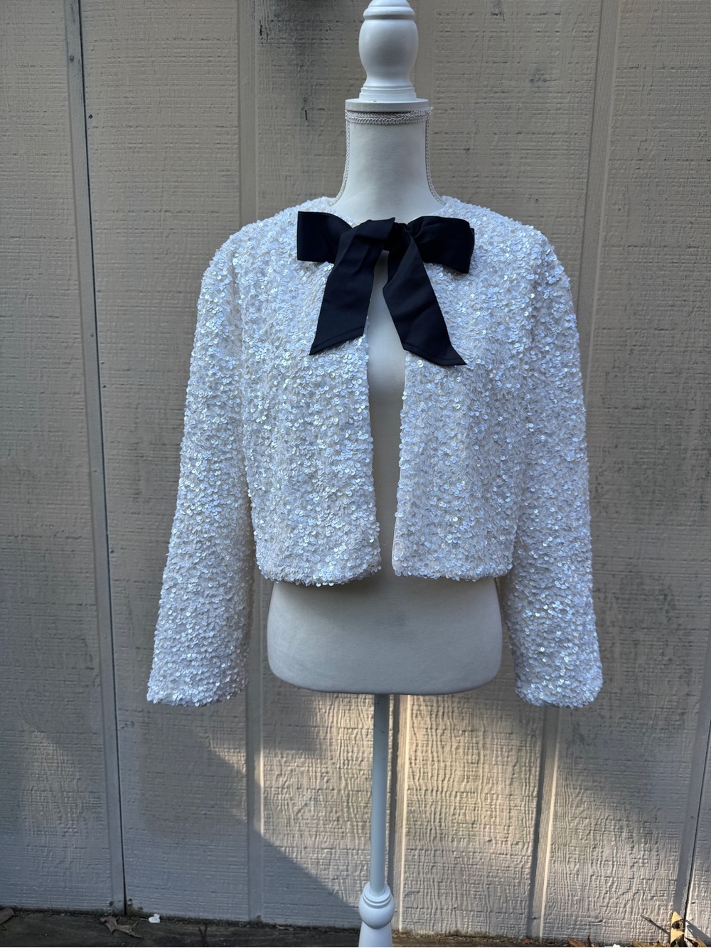 H&M White Sequin Cropped Jacket with Black Bow